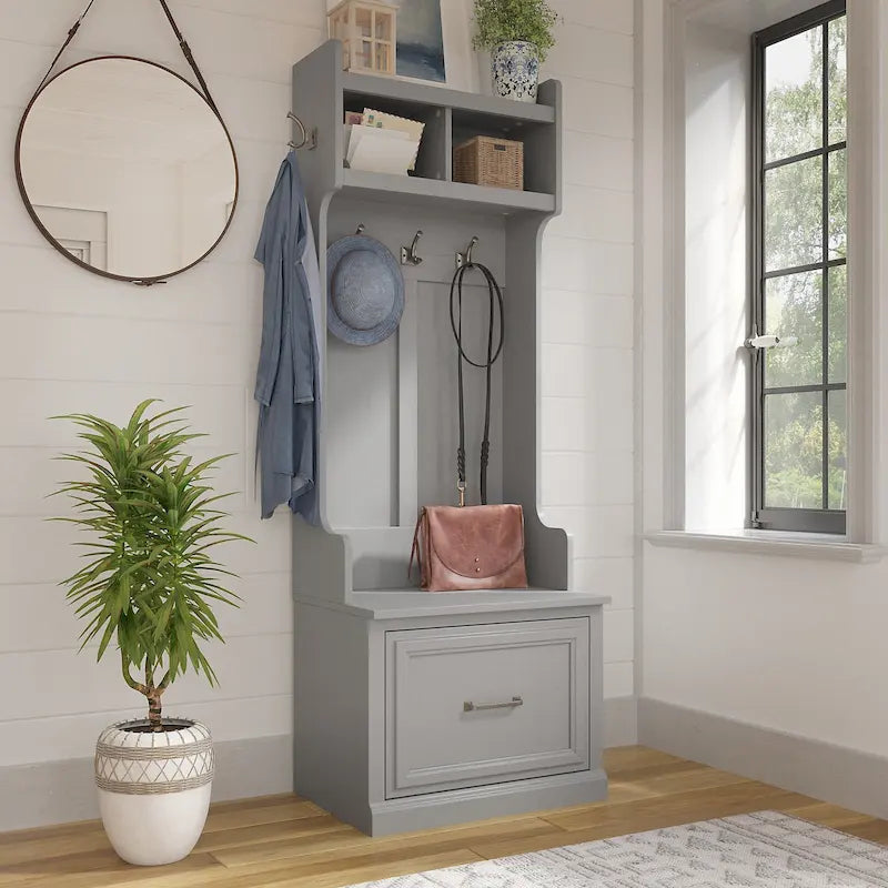 Portemanteau d'entrée avec banc à chaussures, patères et tiroir à extension complète