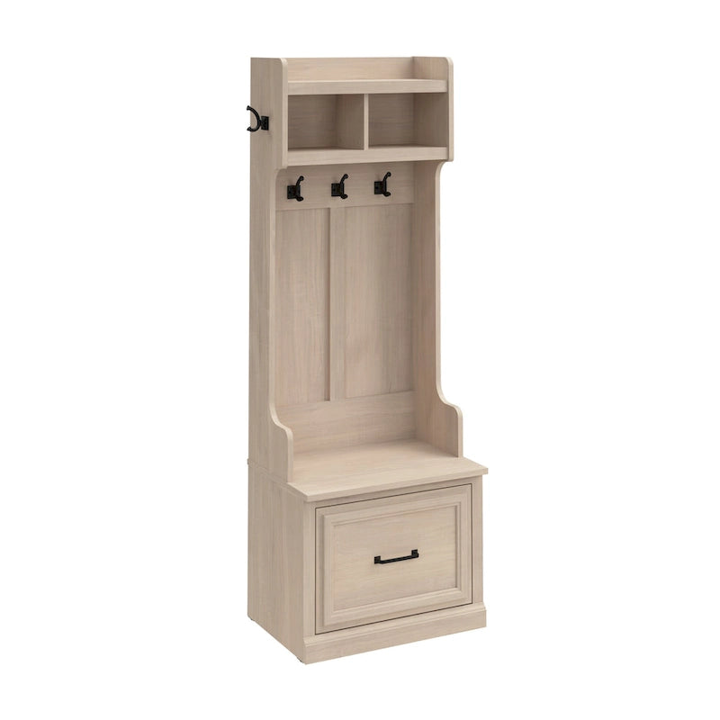 Portemanteau d'entrée avec banc à chaussures, patères et tiroir à extension complète