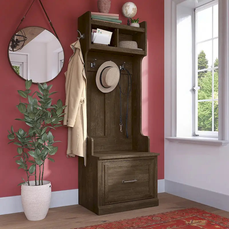 Portemanteau d'entrée avec banc à chaussures, patères et tiroir à extension complète
