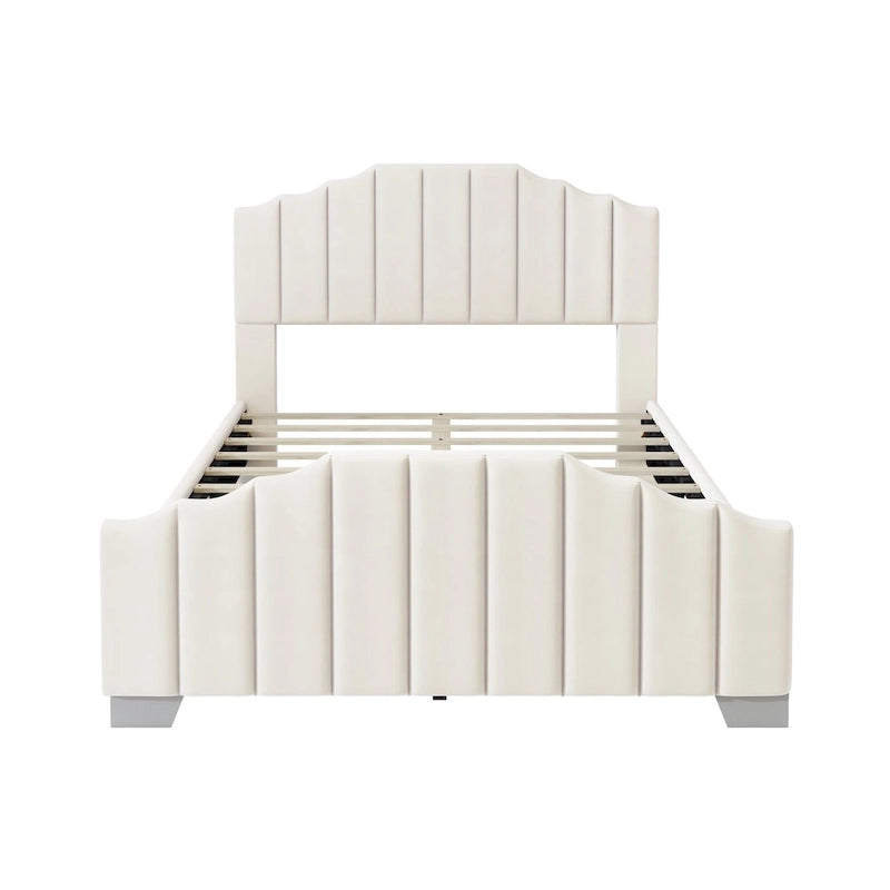 Lit plateforme en velours pleine grandeur/grand lit avec tête et pied de lit touffetés – Beige