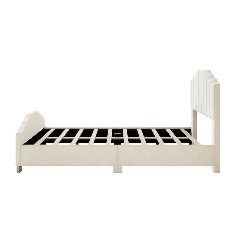 Lit plateforme en velours pleine grandeur/grand lit avec tête et pied de lit touffetés – Beige