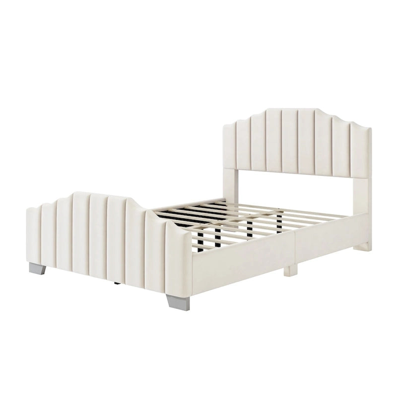 Lit plateforme en velours pleine grandeur/grand lit avec tête et pied de lit touffetés – Beige