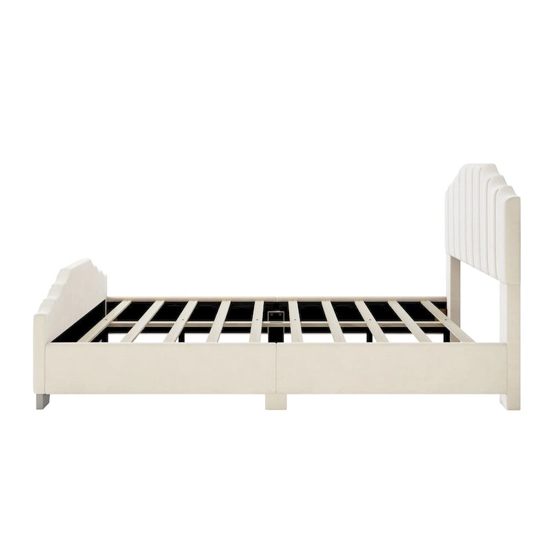 Lit plateforme en velours pleine grandeur/grand lit avec tête et pied de lit touffetés – Beige