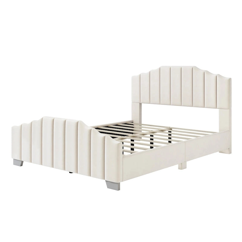 Lit plateforme en velours pleine grandeur/grand lit avec tête et pied de lit touffetés – Beige