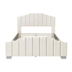 Lit plateforme en velours pleine grandeur/grand lit avec tête et pied de lit touffetés – Beige