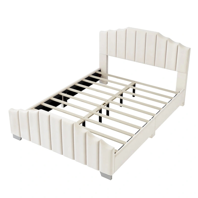 Lit plateforme en velours pleine grandeur/grand lit avec tête et pied de lit touffetés – Beige