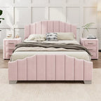 Lit plateforme en velours pleine grandeur/grand lit avec tête et pied de lit touffetés – Beige