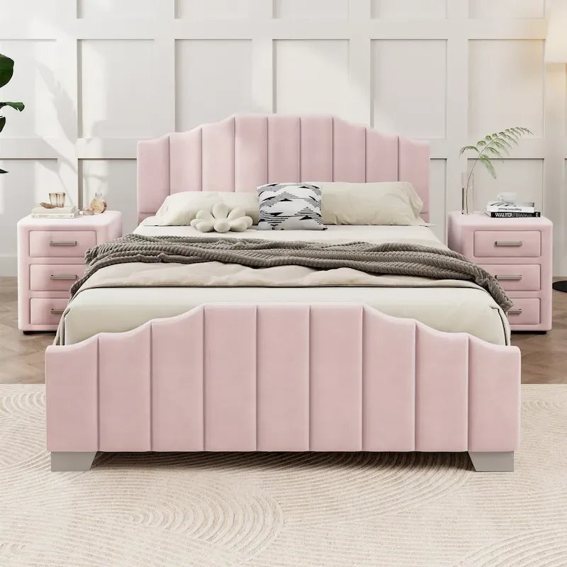 Lit plateforme en velours pleine grandeur/grand lit avec tête et pied de lit touffetés – Beige