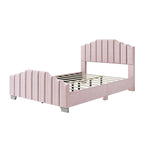 Lit plateforme en velours pleine grandeur/grand lit avec tête et pied de lit touffetés – Beige