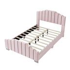 Lit plateforme en velours pleine grandeur/grand lit avec tête et pied de lit touffetés – Beige
