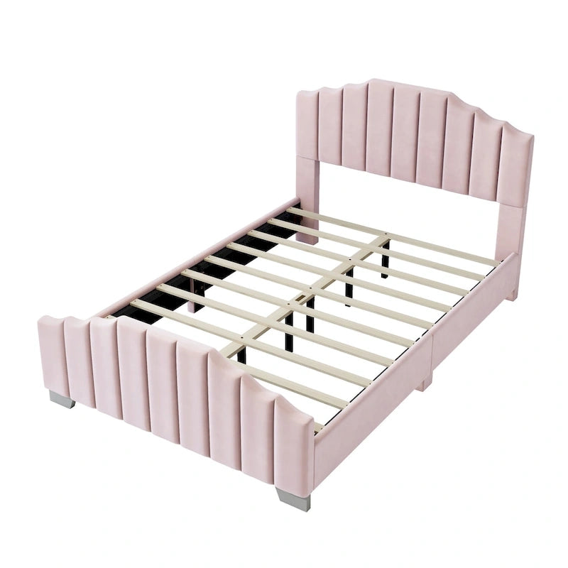 Lit plateforme en velours pleine grandeur/grand lit avec tête et pied de lit touffetés – Beige