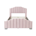 Lit plateforme en velours pleine grandeur/grand lit avec tête et pied de lit touffetés – Beige