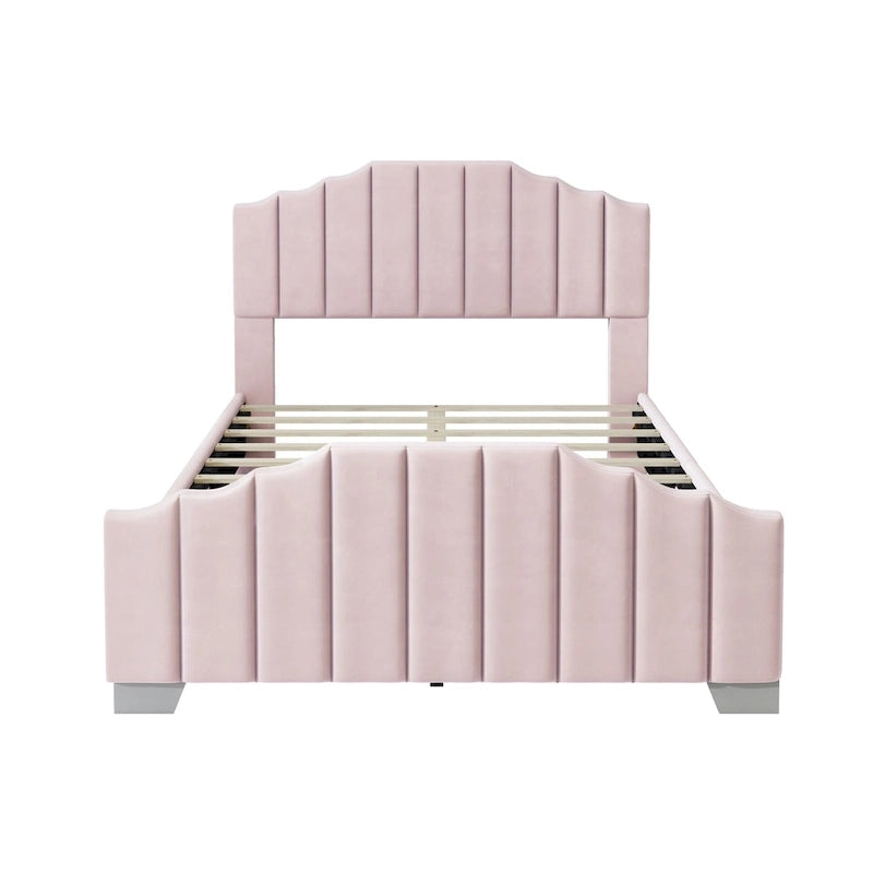 Lit plateforme en velours pleine grandeur/grand lit avec tête et pied de lit touffetés – Beige