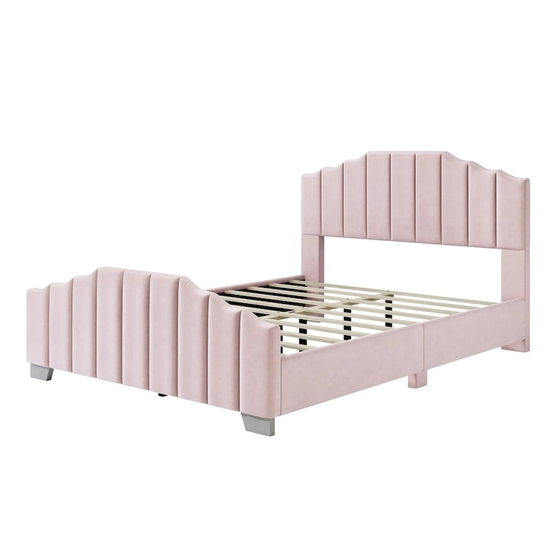 Lit plateforme en velours pleine grandeur/grand lit avec tête et pied de lit touffetés – Beige