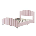 Lit plateforme en velours pleine grandeur/grand lit avec tête et pied de lit touffetés – Beige