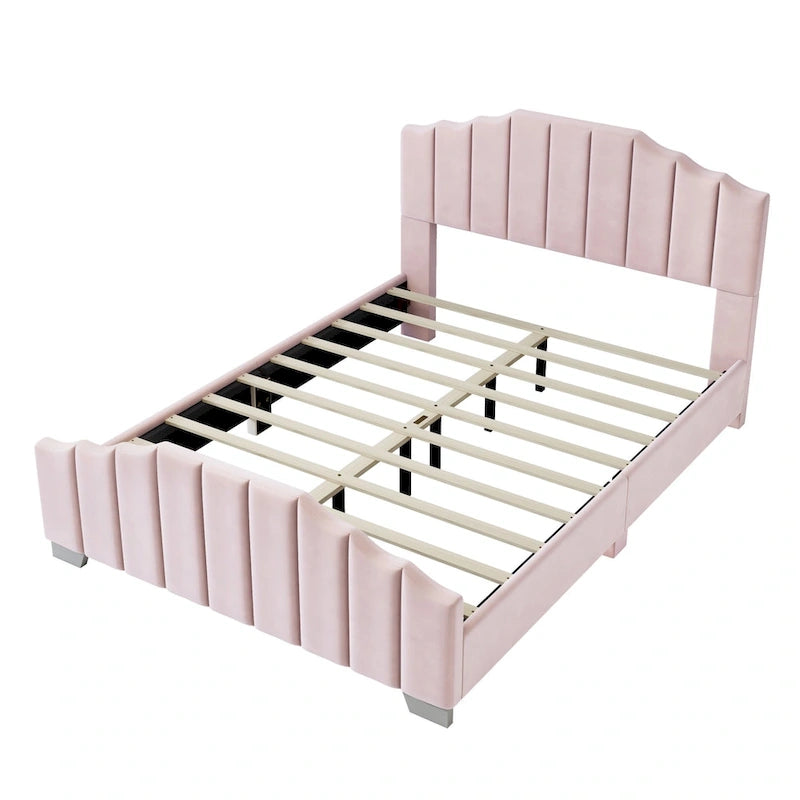 Lit plateforme en velours pleine grandeur/grand lit avec tête et pied de lit touffetés – Beige
