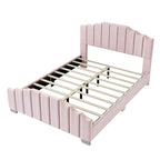 Lit plateforme en velours pleine grandeur/grand lit avec tête et pied de lit touffetés – Beige