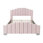 Lit plateforme en velours pleine grandeur/grand lit avec tête et pied de lit touffetés – Beige