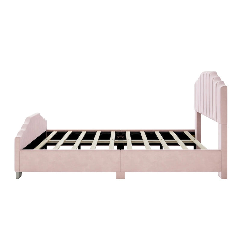 Lit plateforme en velours pleine grandeur/grand lit avec tête et pied de lit touffetés – Beige