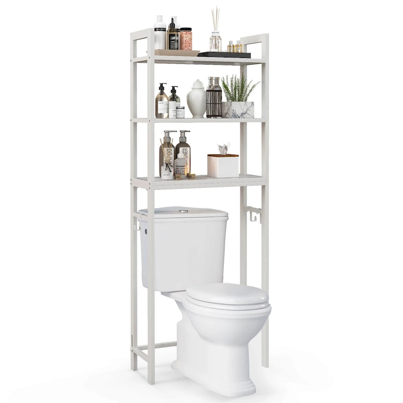 Étagère de rangement au-dessus des toilettes avec 3 tablettes et 3 crochets – Métal