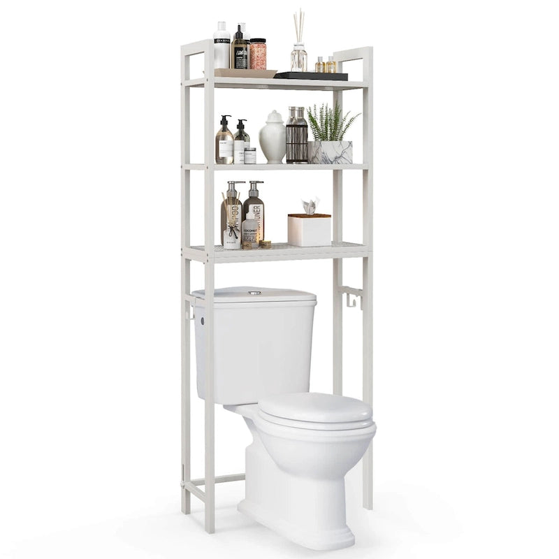 Étagère de rangement au-dessus des toilettes avec 3 tablettes et 3 crochets – Métal