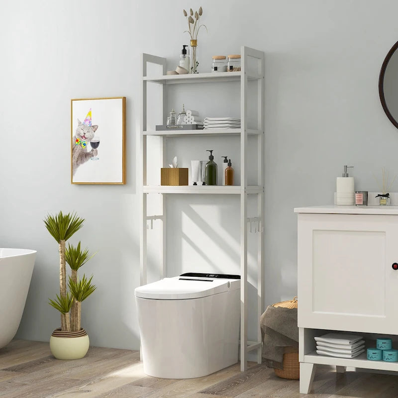 Étagère de rangement au-dessus des toilettes avec 3 tablettes et 3 crochets – Métal