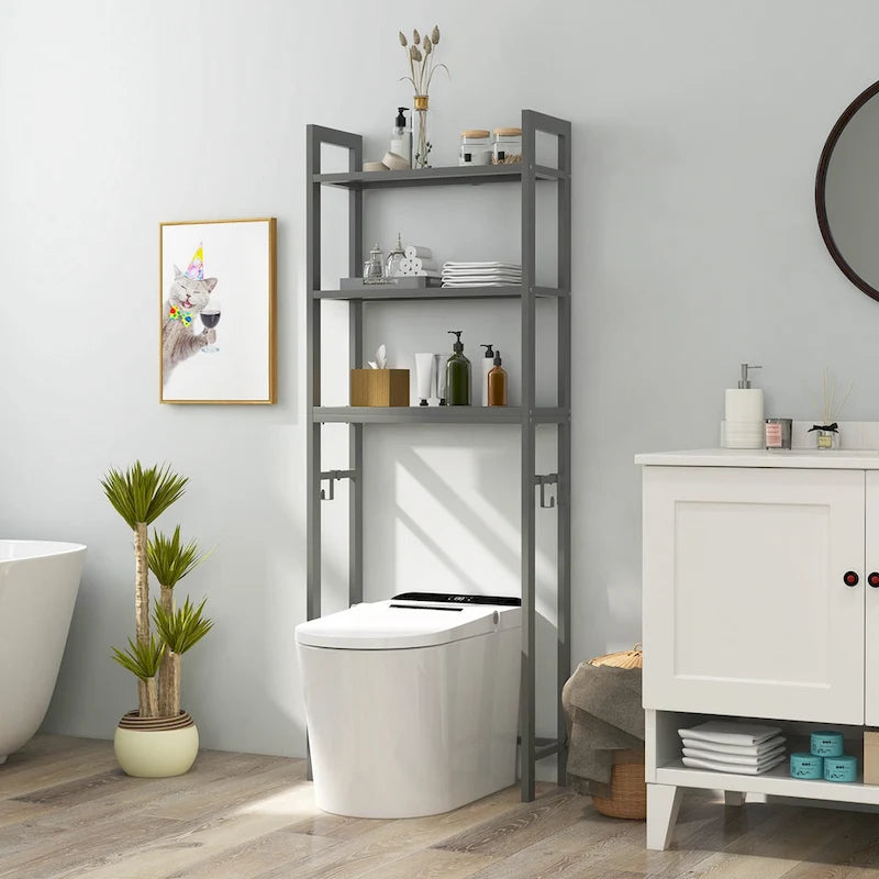 Étagère de rangement au-dessus des toilettes avec 3 tablettes et 3 crochets – Métal