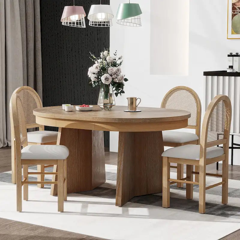 Ensemble de salle à manger rond 5 pièces pour 4 personnes, ensemble table de salle à manger extensible rétro avec 4 chaises rembourrées, ensemble table et chaises de cuisine