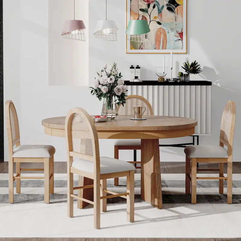 Ensemble de salle à manger rond 5 pièces pour 4 personnes, ensemble table de salle à manger extensible rétro avec 4 chaises rembourrées, ensemble table et chaises de cuisine