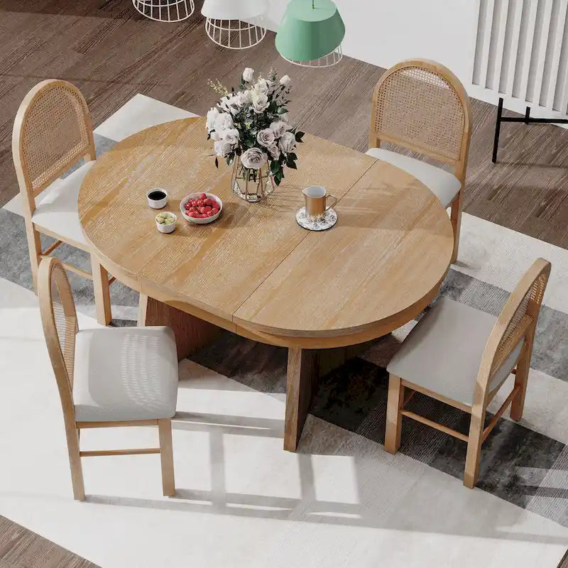 Ensemble de salle à manger rond 5 pièces pour 4 personnes, ensemble table de salle à manger extensible rétro avec 4 chaises rembourrées, ensemble table et chaises de cuisine