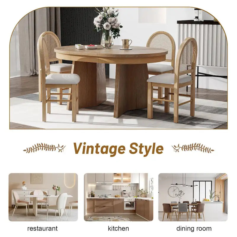 Ensemble de salle à manger rond 5 pièces pour 4 personnes, ensemble table de salle à manger extensible rétro avec 4 chaises rembourrées, ensemble table et chaises de cuisine