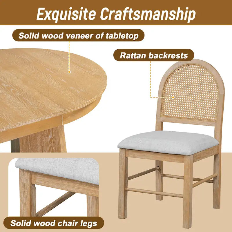 Ensemble de salle à manger rond 5 pièces pour 4 personnes, ensemble table de salle à manger extensible rétro avec 4 chaises rembourrées, ensemble table et chaises de cuisine