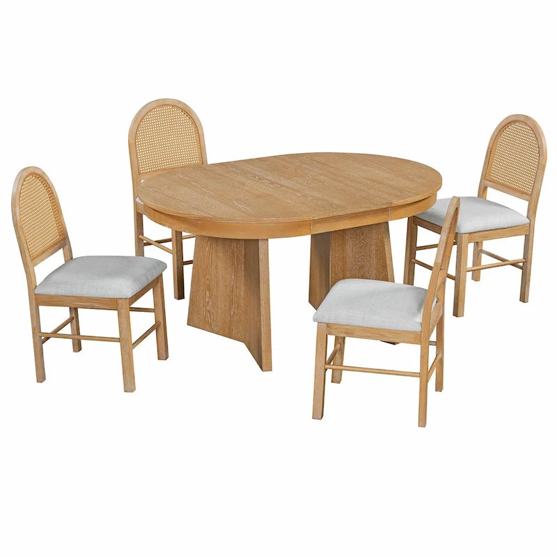 Ensemble de salle à manger rond 5 pièces pour 4 personnes, ensemble table de salle à manger extensible rétro avec 4 chaises rembourrées, ensemble table et chaises de cuisine