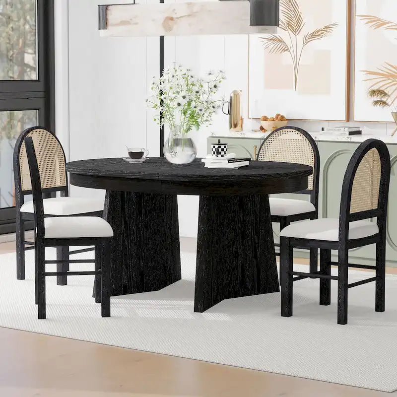 Ensemble de salle à manger rond 5 pièces pour 4 personnes, ensemble table de salle à manger extensible rétro avec 4 chaises rembourrées, ensemble table et chaises de cuisine