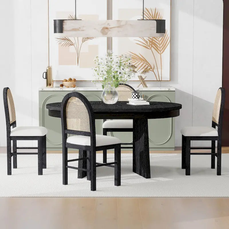 Ensemble de salle à manger rond 5 pièces pour 4 personnes, ensemble table de salle à manger extensible rétro avec 4 chaises rembourrées, ensemble table et chaises de cuisine
