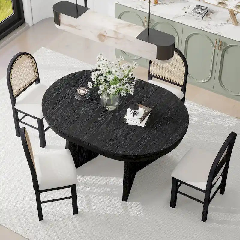 Ensemble de salle à manger rond 5 pièces pour 4 personnes, ensemble table de salle à manger extensible rétro avec 4 chaises rembourrées, ensemble table et chaises de cuisine