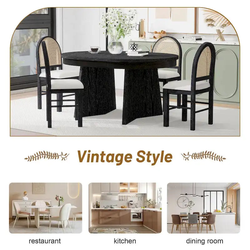 Ensemble de salle à manger rond 5 pièces pour 4 personnes, ensemble table de salle à manger extensible rétro avec 4 chaises rembourrées, ensemble table et chaises de cuisine