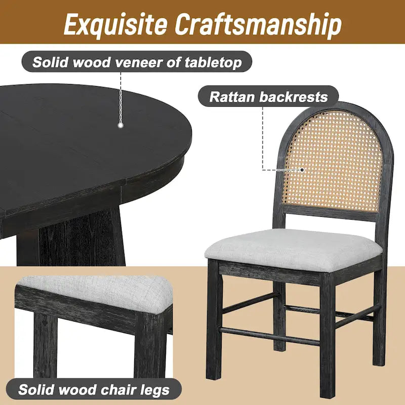 Ensemble de salle à manger rond 5 pièces pour 4 personnes, ensemble table de salle à manger extensible rétro avec 4 chaises rembourrées, ensemble table et chaises de cuisine