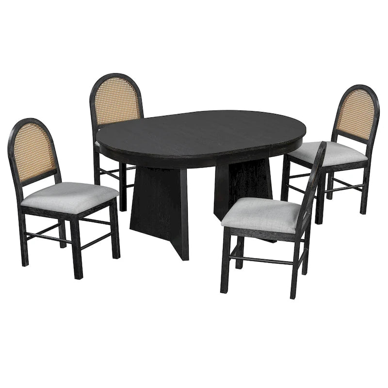 Ensemble de salle à manger rond 5 pièces pour 4 personnes, ensemble table de salle à manger extensible rétro avec 4 chaises rembourrées, ensemble table et chaises de cuisine