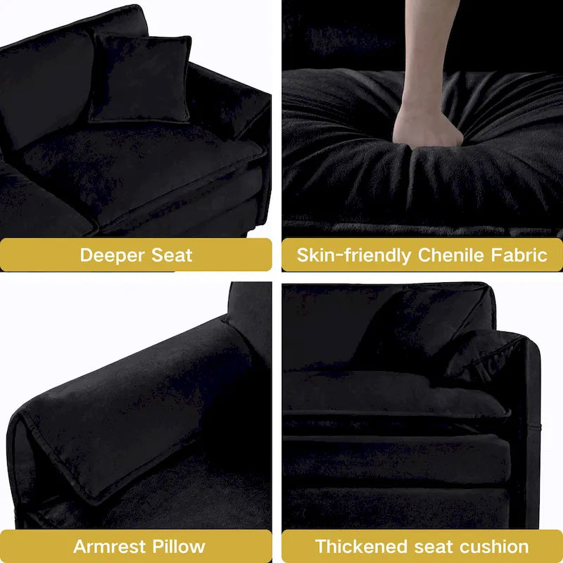 Fauteuil modulaire en chenille avec poches de rangement et coussin décoratif