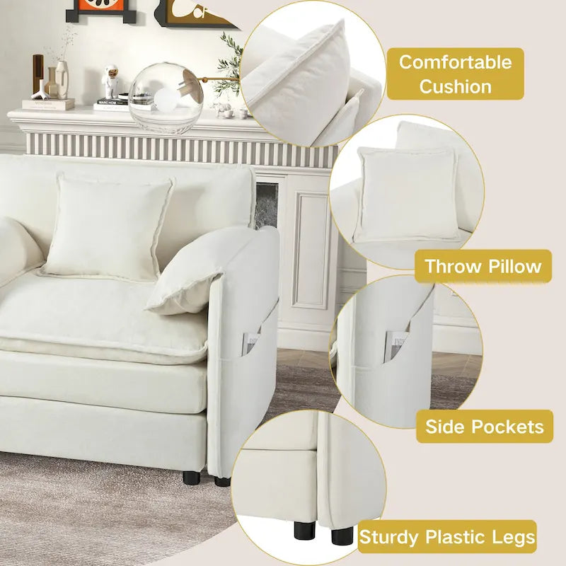 Fauteuil modulaire en chenille avec poches de rangement et coussin décoratif