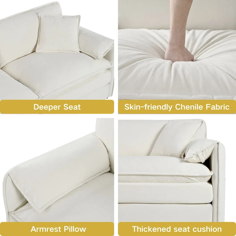 Fauteuil modulaire en chenille avec poches de rangement et coussin décoratif