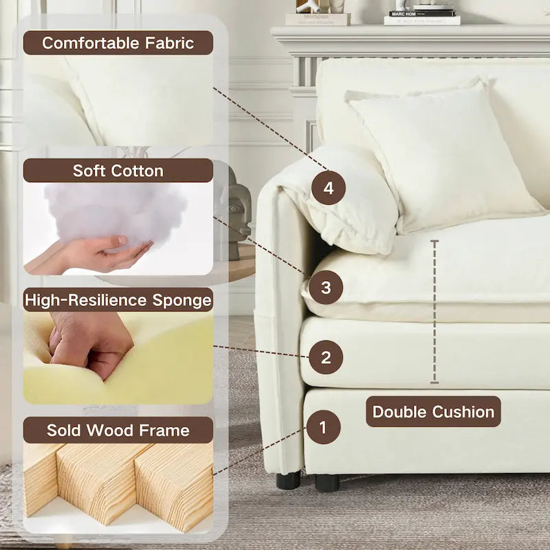 Fauteuil modulaire en chenille avec poches de rangement et coussin décoratif