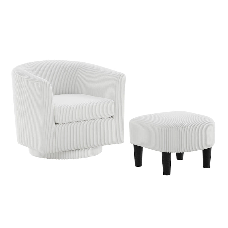 Fauteuil d'appoint pivotant à 360° en velours côtelé avec pouf – Cadre en bois d'hévéa