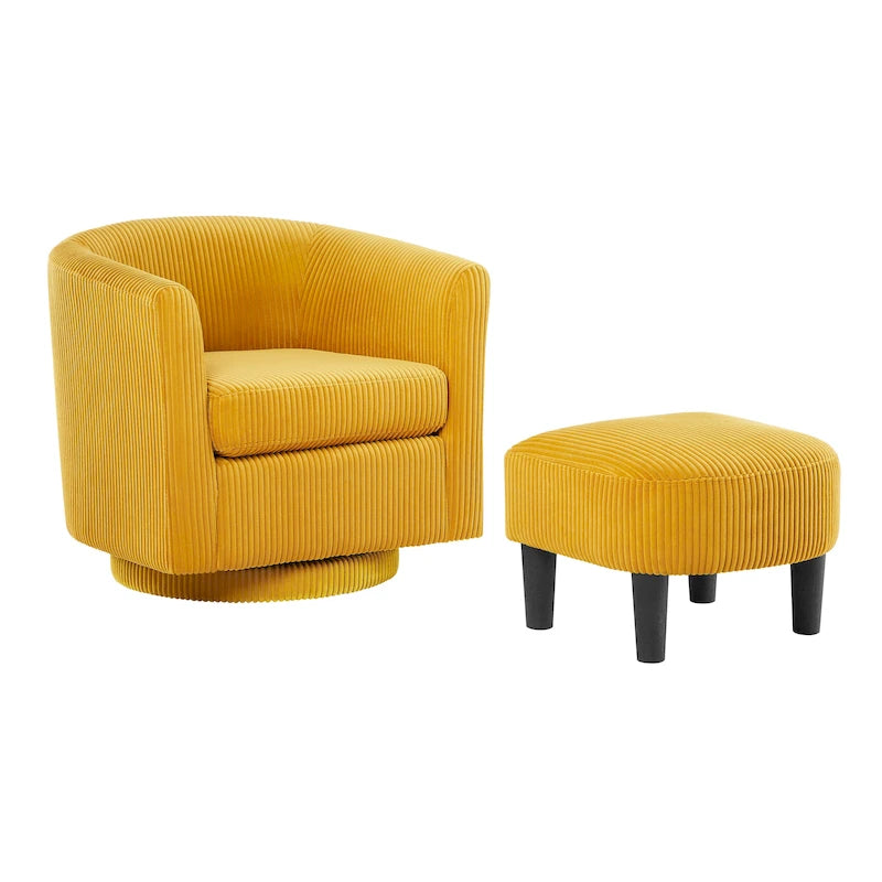 Fauteuil d'appoint pivotant à 360° en velours côtelé avec pouf – Cadre en bois d'hévéa