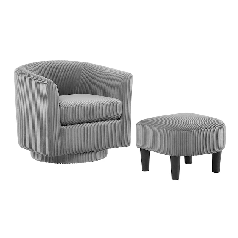 Fauteuil d'appoint pivotant à 360° en velours côtelé avec pouf – Cadre en bois d'hévéa