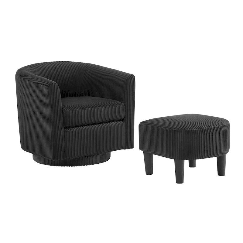 Fauteuil d'appoint pivotant à 360° en velours côtelé avec pouf – Cadre en bois d'hévéa