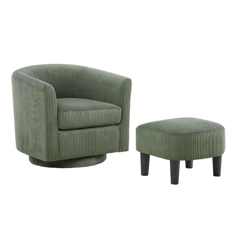 Fauteuil d'appoint pivotant à 360° en velours côtelé avec pouf – Cadre en bois d'hévéa