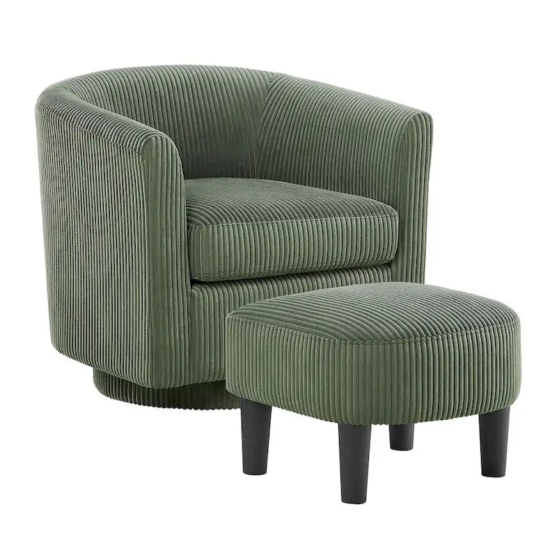 Fauteuil d'appoint pivotant à 360° en velours côtelé avec pouf – Cadre en bois d'hévéa