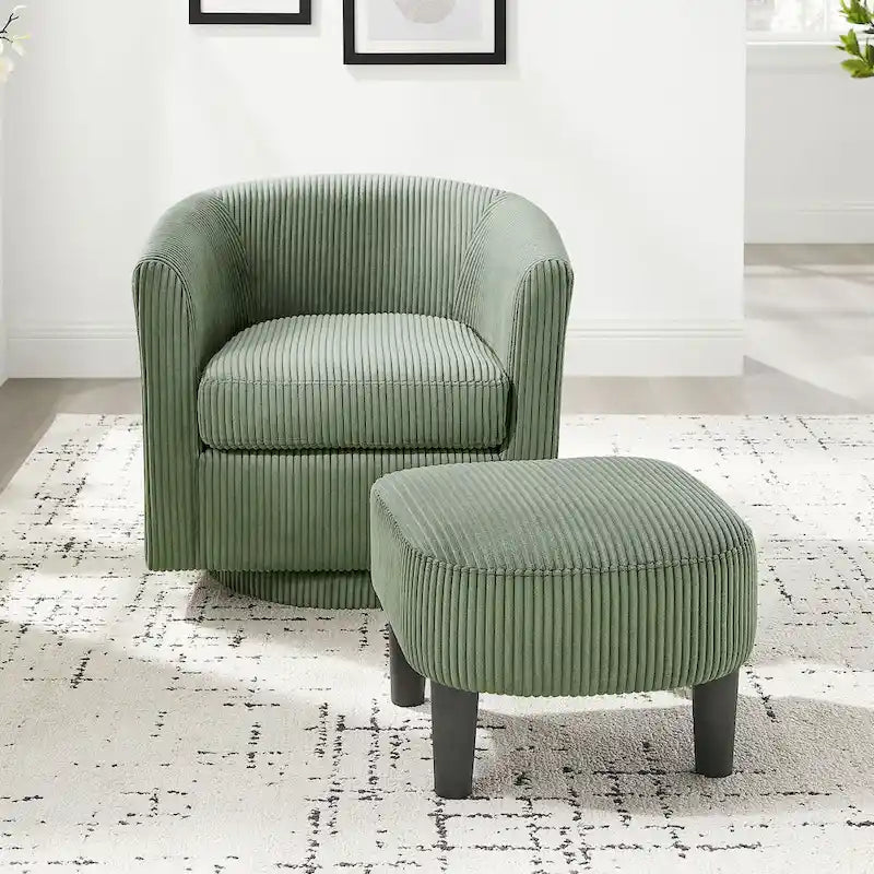 Fauteuil d'appoint pivotant à 360° en velours côtelé avec pouf – Cadre en bois d'hévéa
